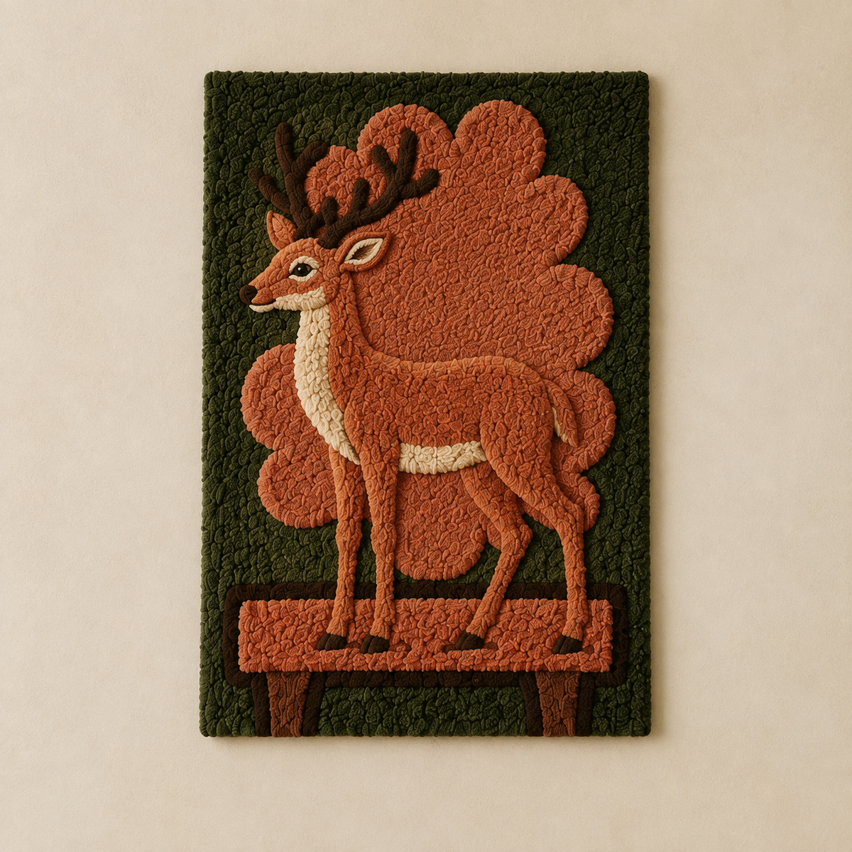 Hewn Earth Woodland Stag Emblem wall art featuring a detailed stag head design on a natural wood background.