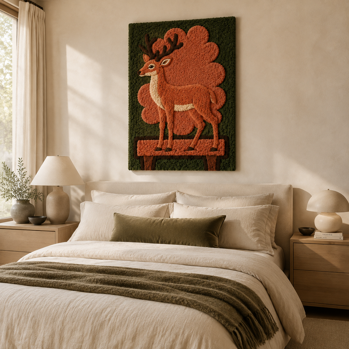 Woodland Stag Emblem wall art by Hewn Earth featuring a detailed stag illustration on a natural wooden background.