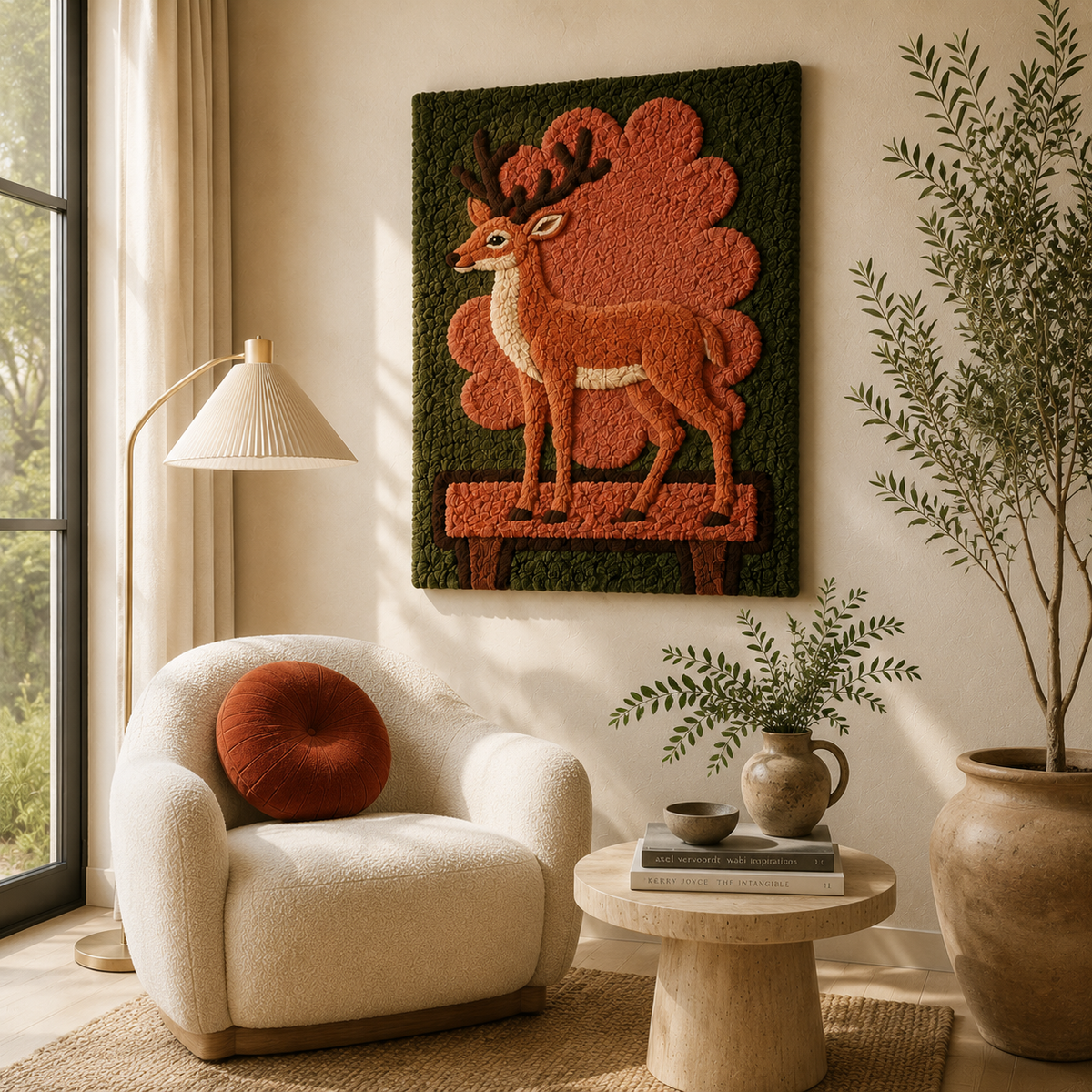 Woodland stag emblem wall art by Hewn Earth featuring a detailed stag design on a natural background.