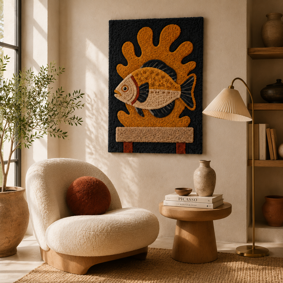 Ochre Fish Totem wall art by Hewn Earth, featuring a vibrant fish design on a textured wall background.
