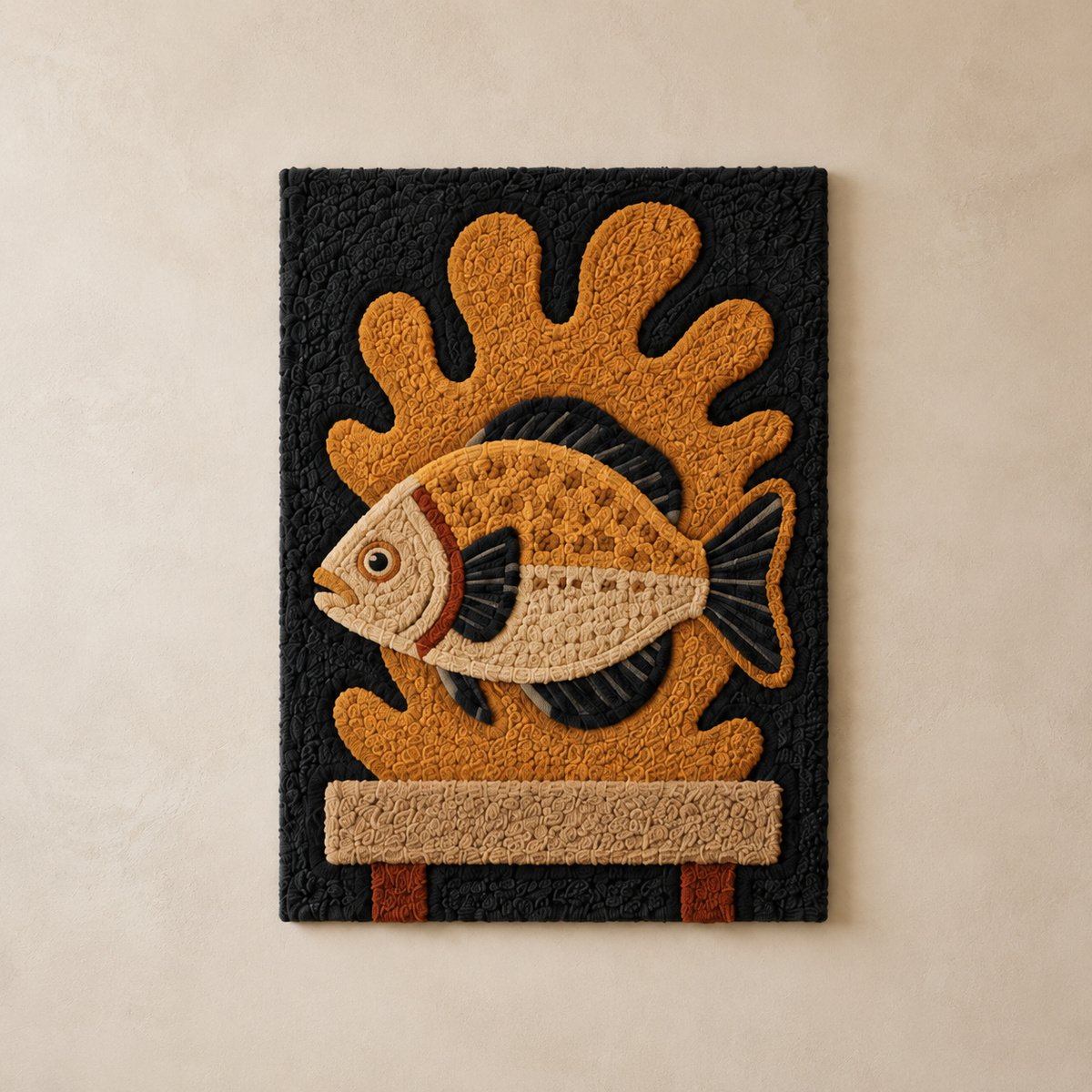 Ochre Fish Totem wall art by Hewn Earth featuring a stylized fish design on a textured wall background.