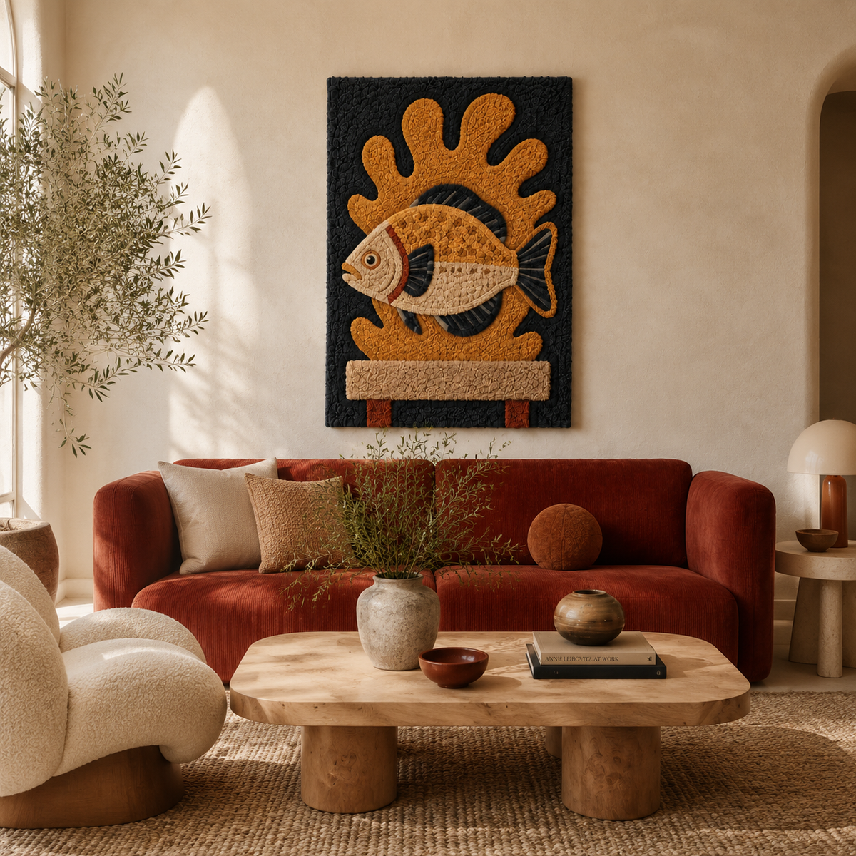 Ochre Fish Totem wall art by Hewn Earth featuring a detailed fish sculpture on a wooden background.