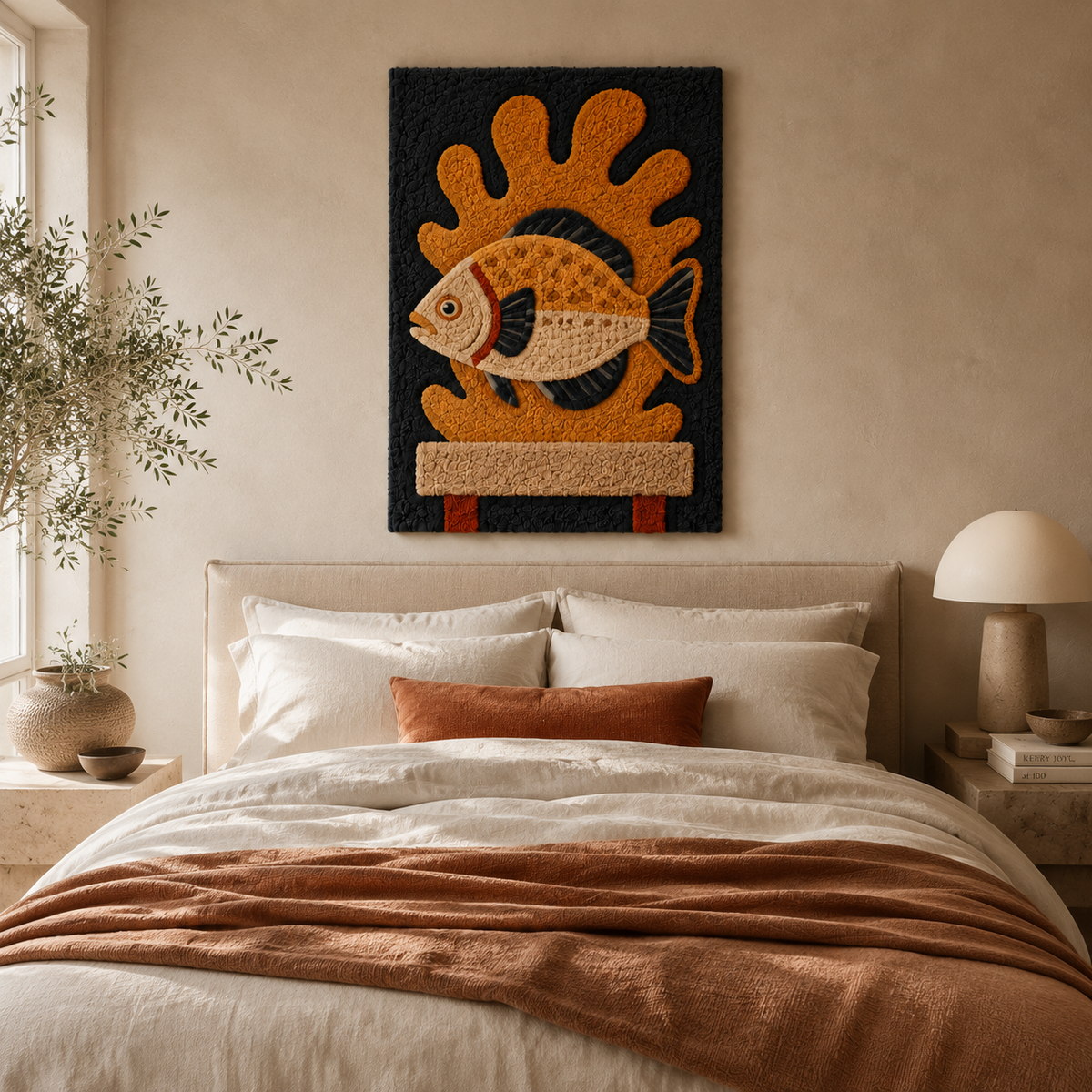Ochre Fish Totem wall art by Hewn Earth featuring a vibrant fish design on a textured wall background.