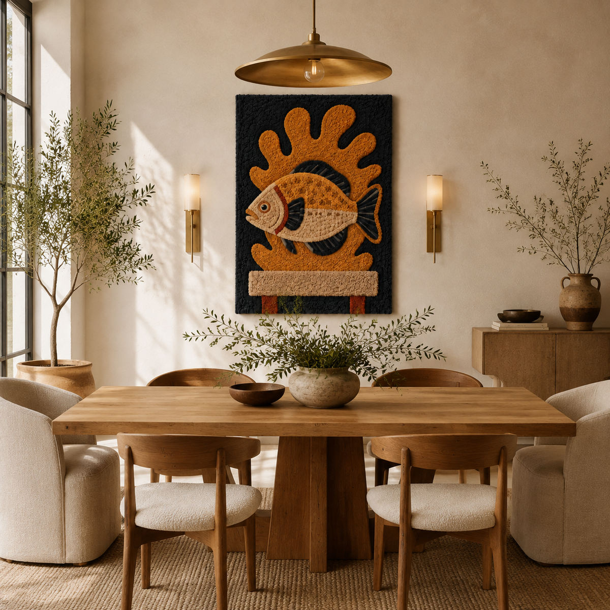 Ochre Fish Totem wall art by Hewn Earth, featuring a vibrant fish design on a textured wall background.