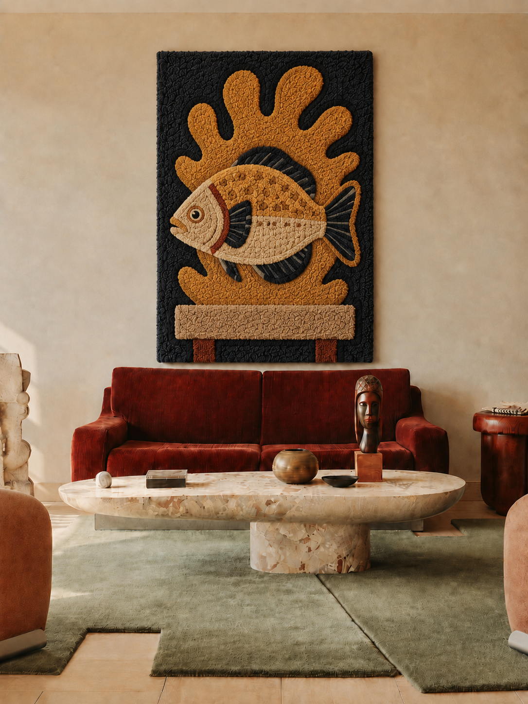 Ochre Fish Totem wall art by Hewn Earth, featuring a detailed fish design on a textured wall background.