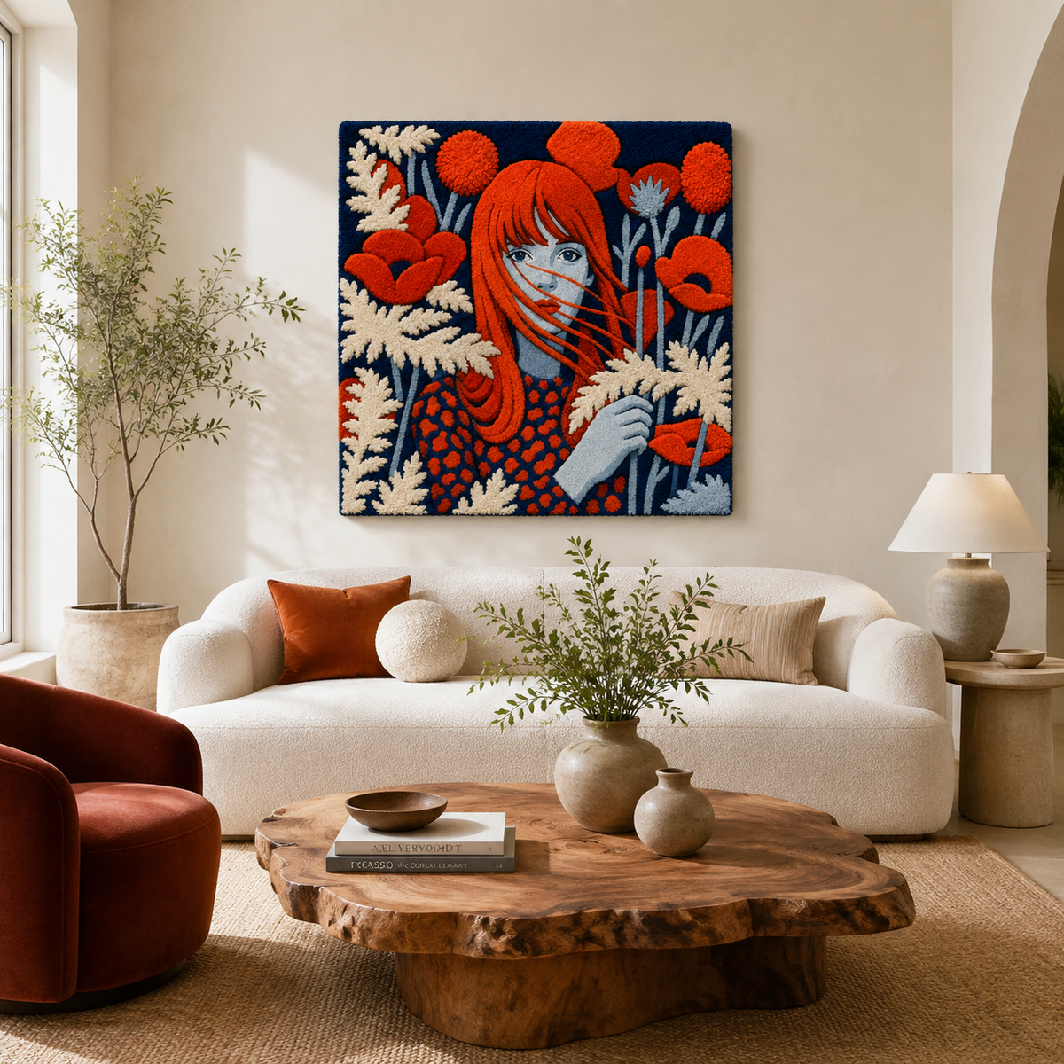 Hewn Earth Poppy-Haired Dreamer wall art featuring a dreamy figure with vibrant poppy-colored hair, modern botanical design.