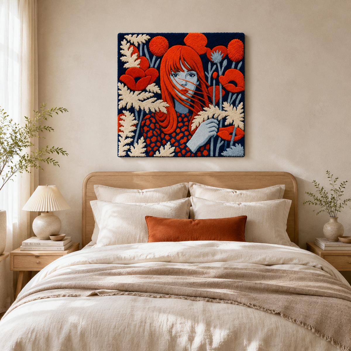 Colorful wall art featuring a dreamy figure with poppy-colored hair, created by Hewn Earth for vibrant home decor.