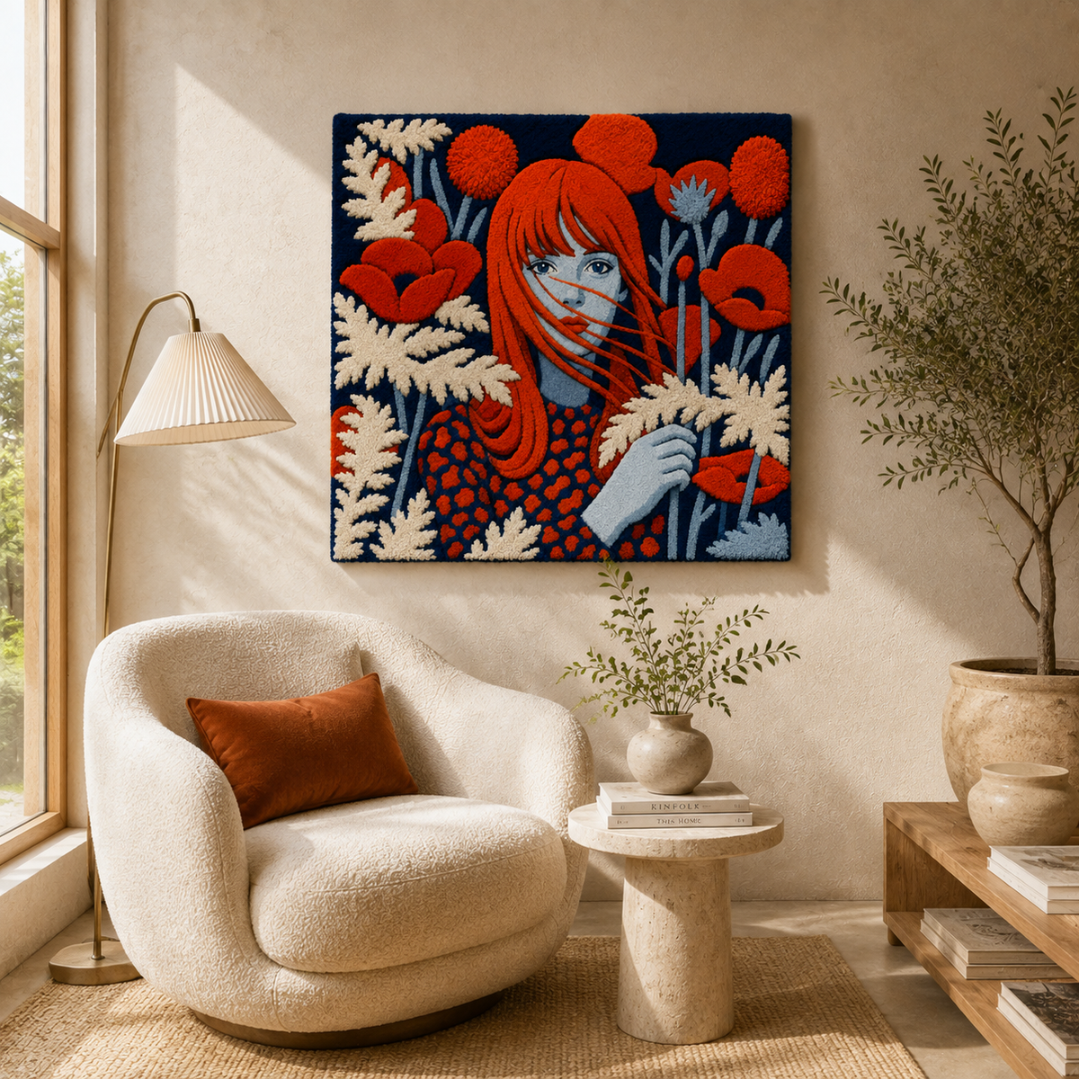 Hewn Earth Poppy-Haired Dreamer wall art featuring a dreamy figure with vibrant poppy-colored hair and artistic background.