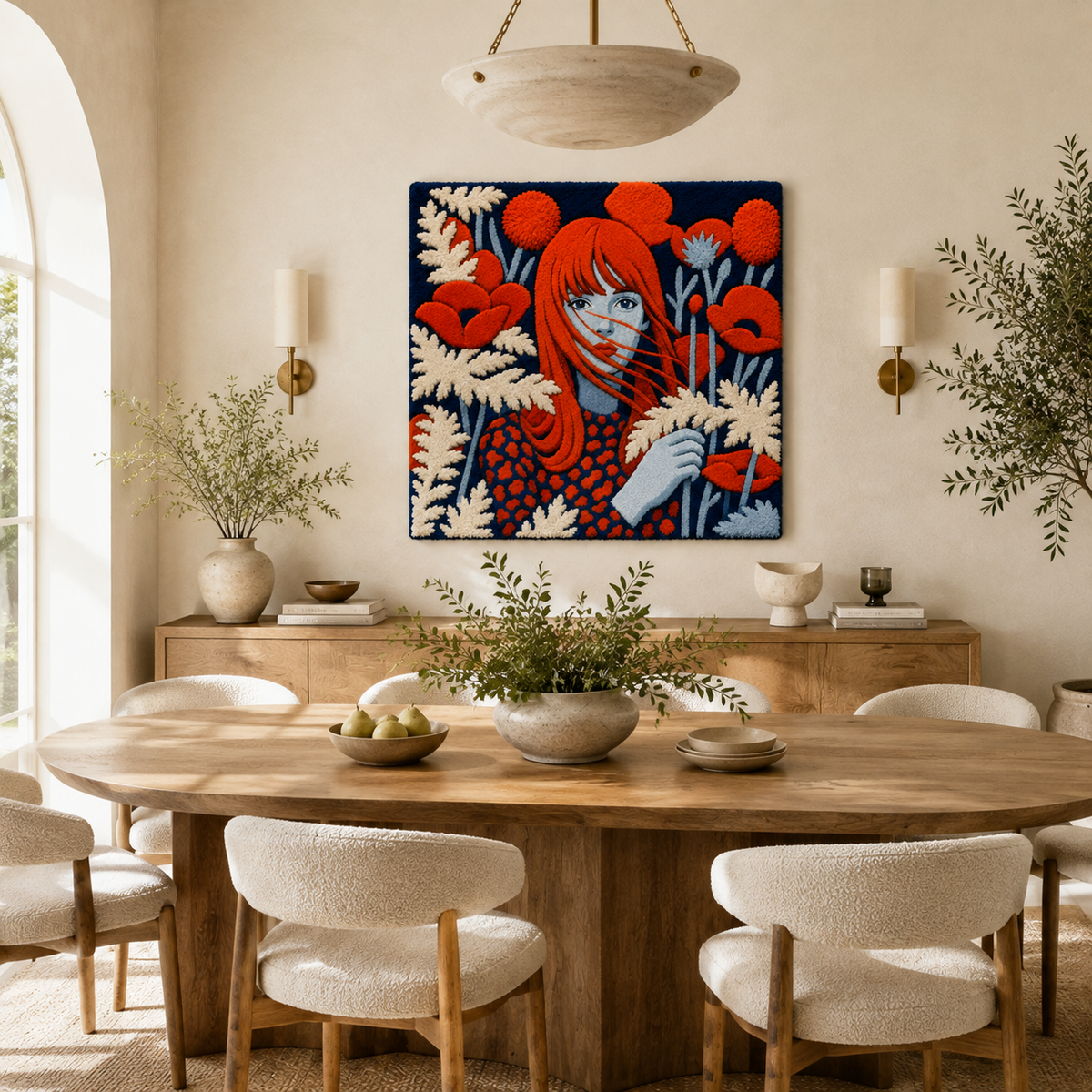 Poppy-haired Dreamer wall art by Hewn Earth featuring a colorful, artistic portrait of a woman with vibrant poppy hair.
