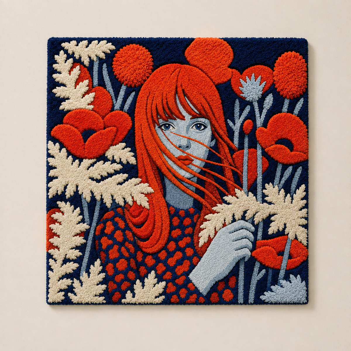 Colorful wall art featuring a dreamy poppy-haired figure, by Hewn Earth, perfect for adding artistic flair to any space.