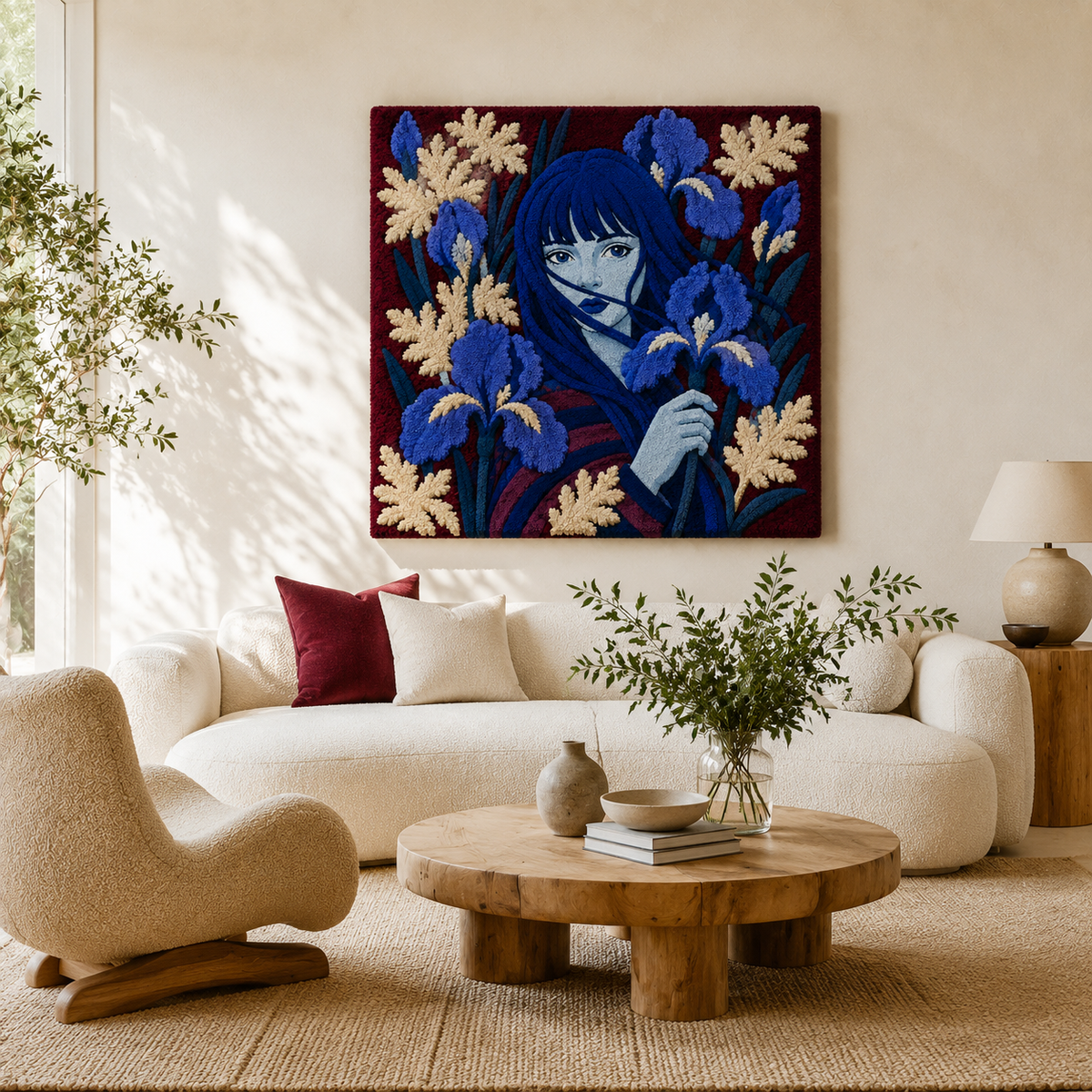 Midnight Iris Muse wall art by Hewn Earth featuring a vibrant iris flower in a decorative frame.