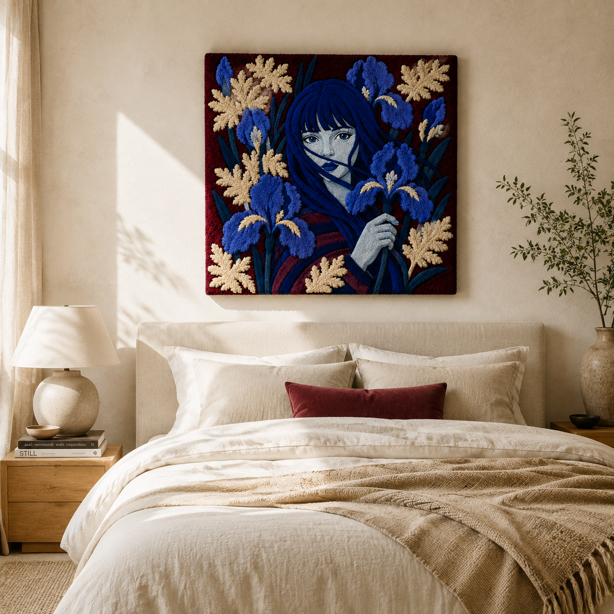 Midnight Iris Muse wall art by Hewn Earth featuring a dark, artistic iris illustration on a neutral background.