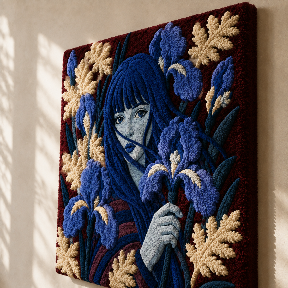 Hewn Earth Midnight Iris Muse wall art featuring a dark, artistic illustration of an iris flower on a textured background