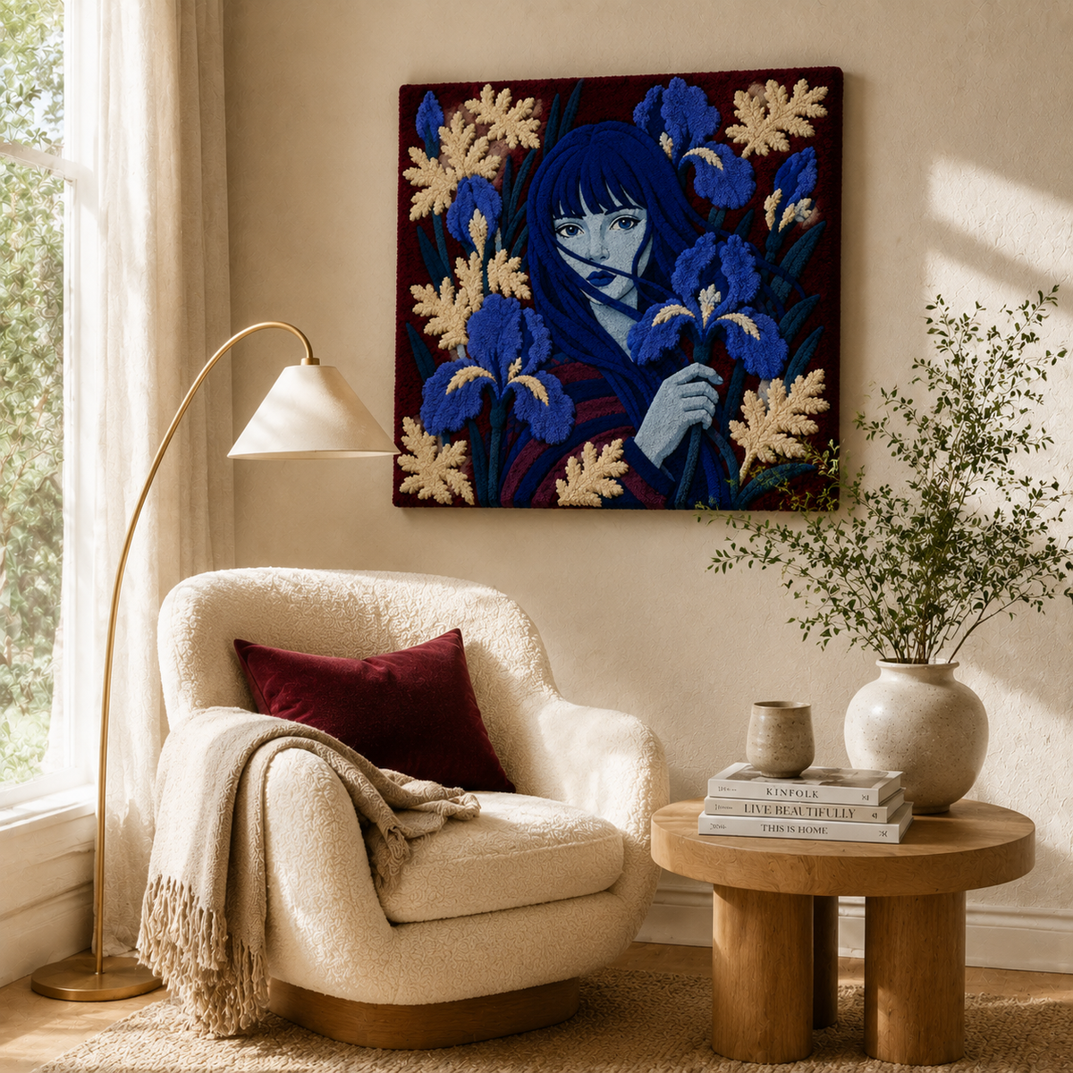 Midnight Iris Muse wall art by Hewn Earth featuring dark, moody iris flower illustration on textured canvas background.