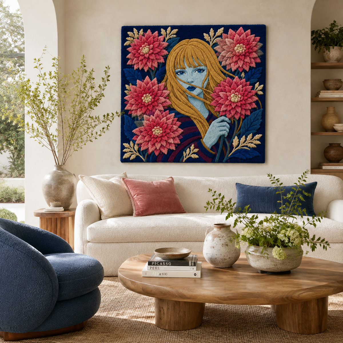 Hewn Earth Dahlia Whisper wall art featuring a vibrant floral design on a neutral background.