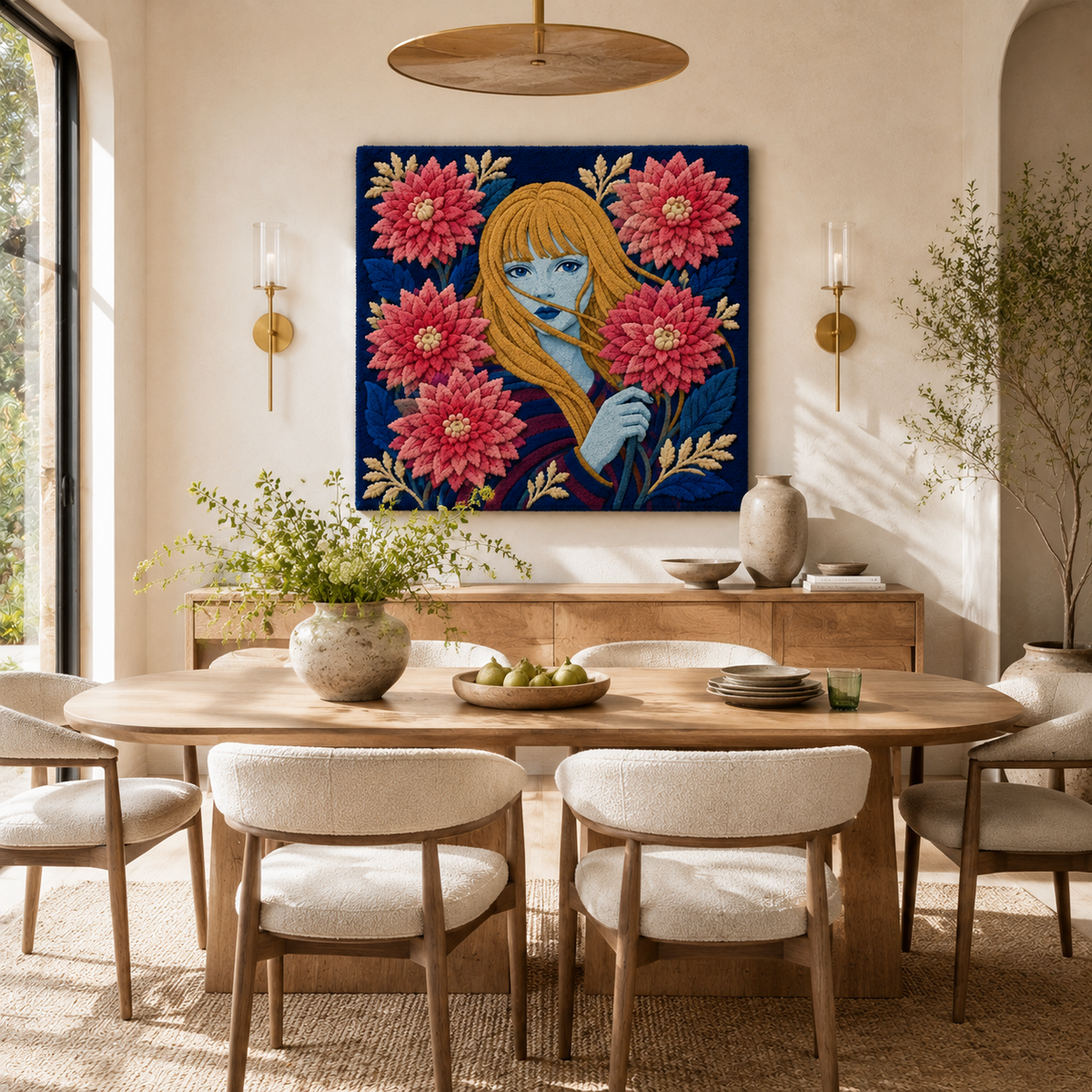 Hewn Earth Dahlia Whisper wall art featuring a vibrant floral design on a textured background, perfect for home decor.