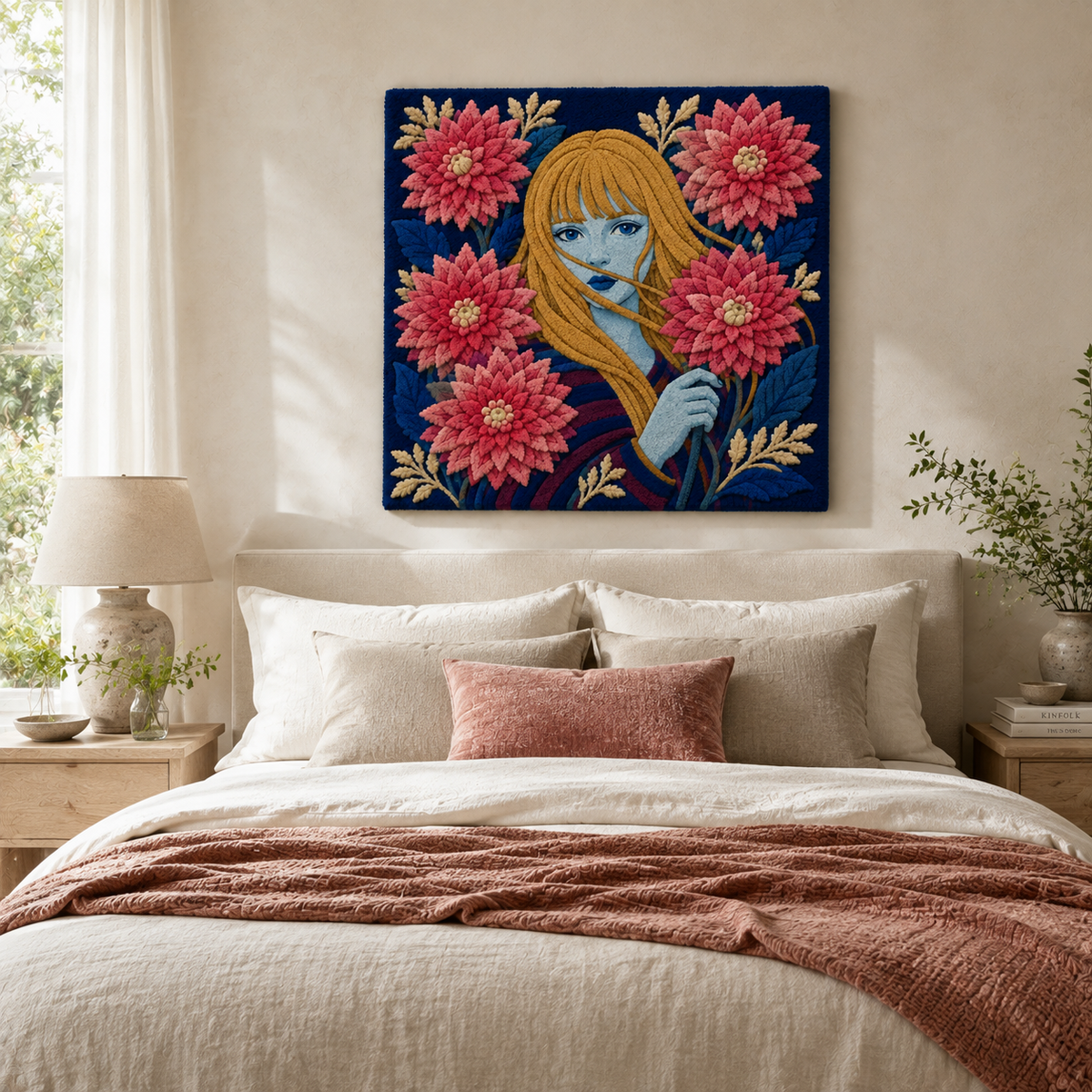 Hewn Earth Dahlia Whisper wall art featuring vibrant dahlia flower illustration on a textured background.