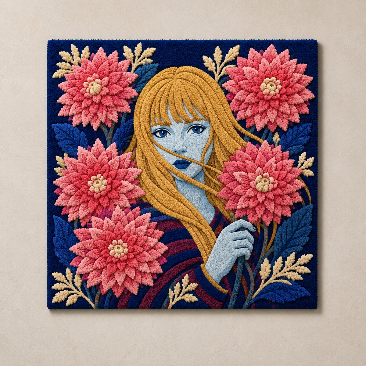 Hewn Earth Dahlia Whisper wall art featuring vibrant dahlia flower illustration on a decorative hanging piece.