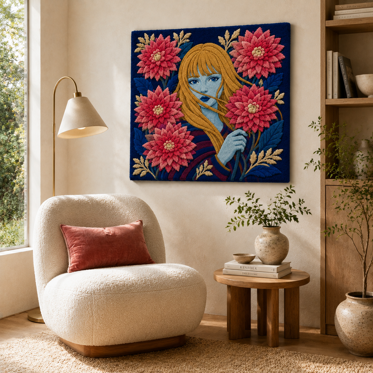 Hewn Earth Dahlia Whisper wall art, colorful floral design on canvas, vibrant botanical artwork for home decor