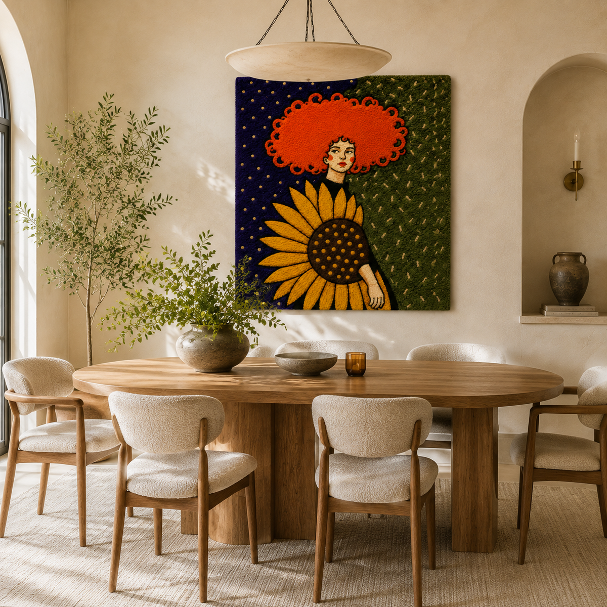 Hewn Earth sunflower halo wall art featuring a circular sunflower design with warm, earthy tones on a neutral background.