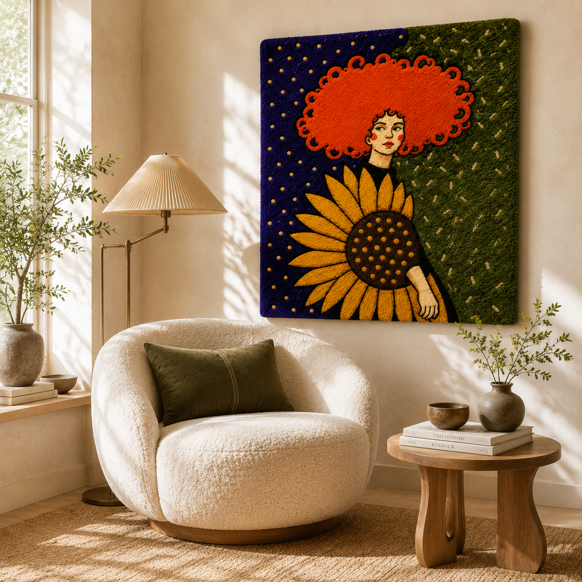 Hewn Earth sunflower halo wall art featuring a vibrant sunflower design on a neutral background.