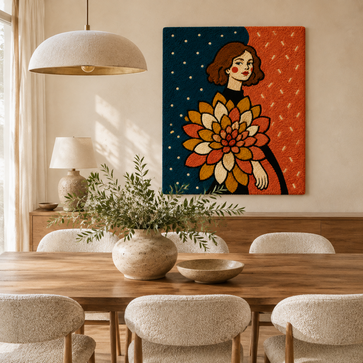 Hewn Earth Ember Bloom Maiden wall art featuring a vibrant, artistic depiction of a maiden with floral and abstract design elements.