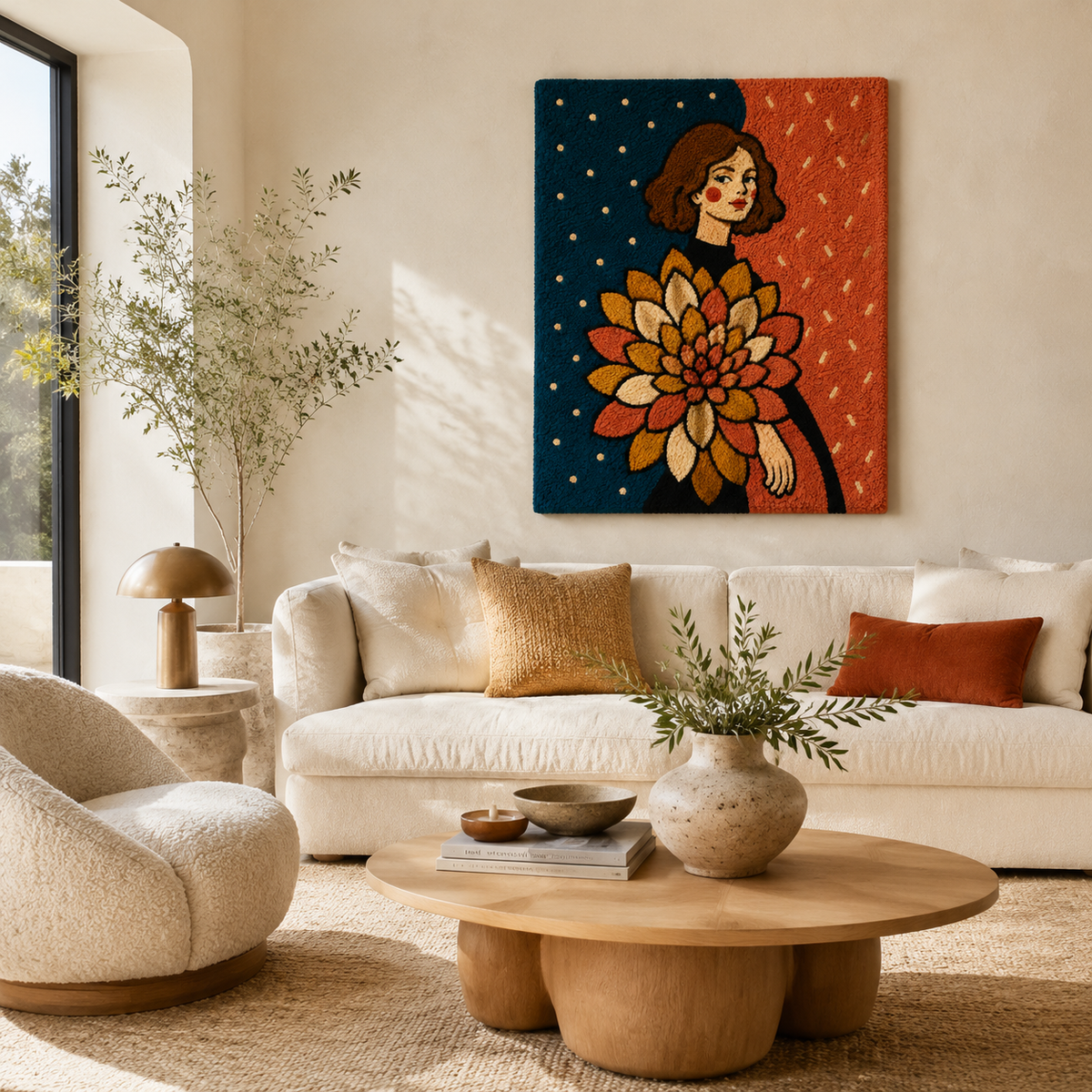 Hewn Earth Ember Bloom Maiden wall art featuring a detailed, colorful illustration of a maiden surrounded by floral designs.