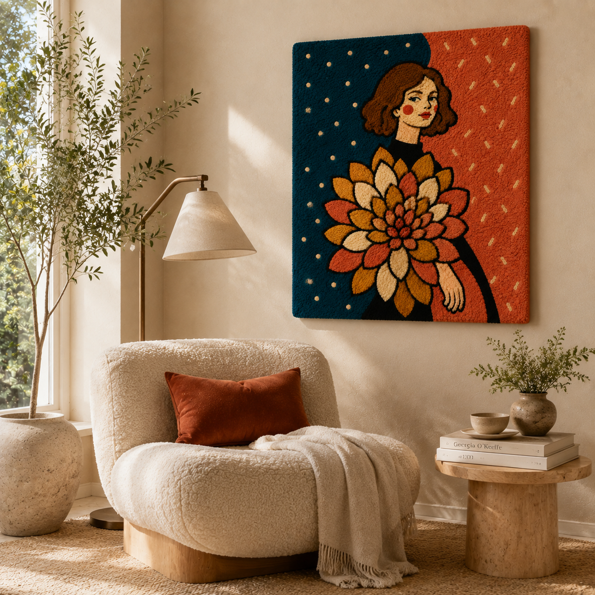Hewn Earth Ember Bloom Maiden wall art featuring intricate floral design in warm tones on a textured background