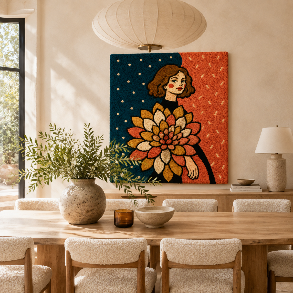 Hewn Earth Ember Bloom Maiden wall art featuring a detailed, artistic illustration of a maiden with intricate floral patterns.
