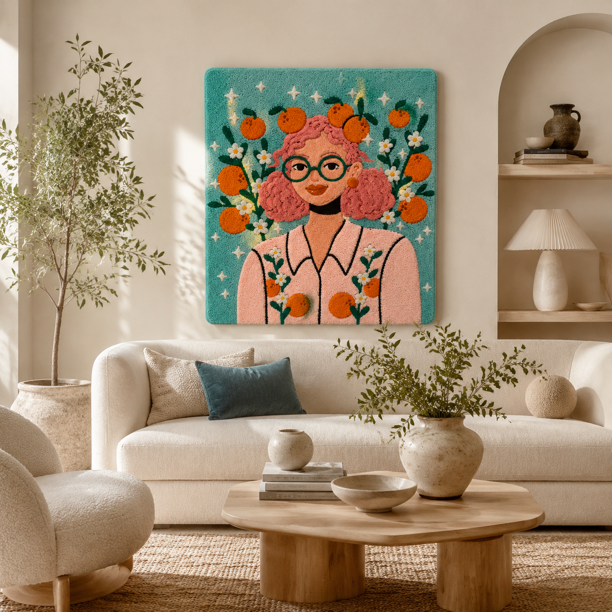 Colorful Citrus Spectacle wall art by Hewn Earth featuring vibrant, detailed citrus fruit illustrations on a decorative wall display.
