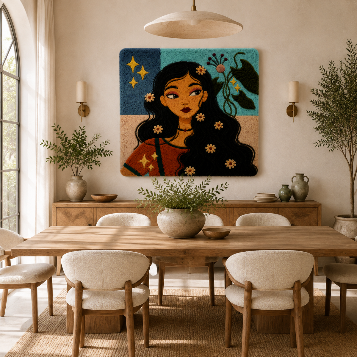 Hewn Earth Starlit Daisy Muse wall art featuring a floral design with a starry night sky backdrop, suitable for modern home decor.