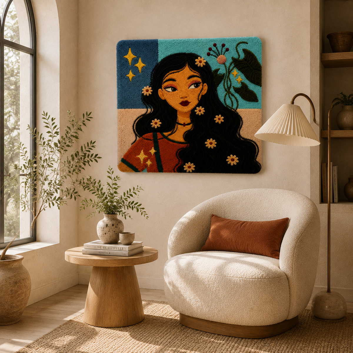 Hewn Earth Starlit Daisy Muse wall art featuring a luminous daisy design on a dark background, ideal for home decor.