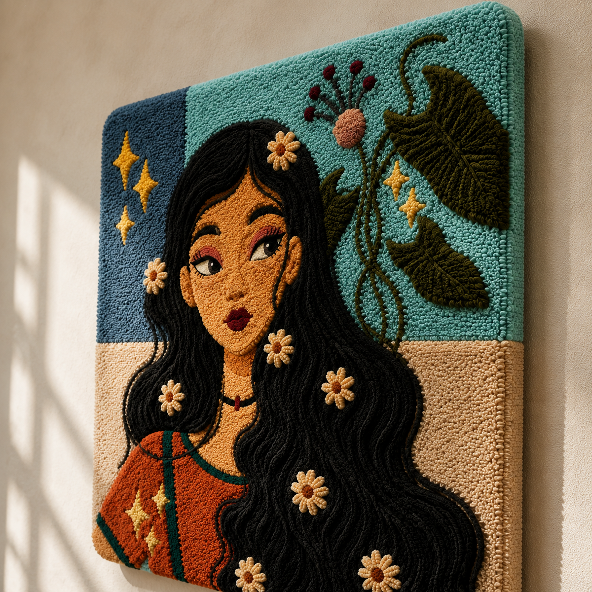 Hewn Earth Starlit Daisy Muse wall art featuring a vibrant, artistic depiction of a daisy with starry accents on a textured background.