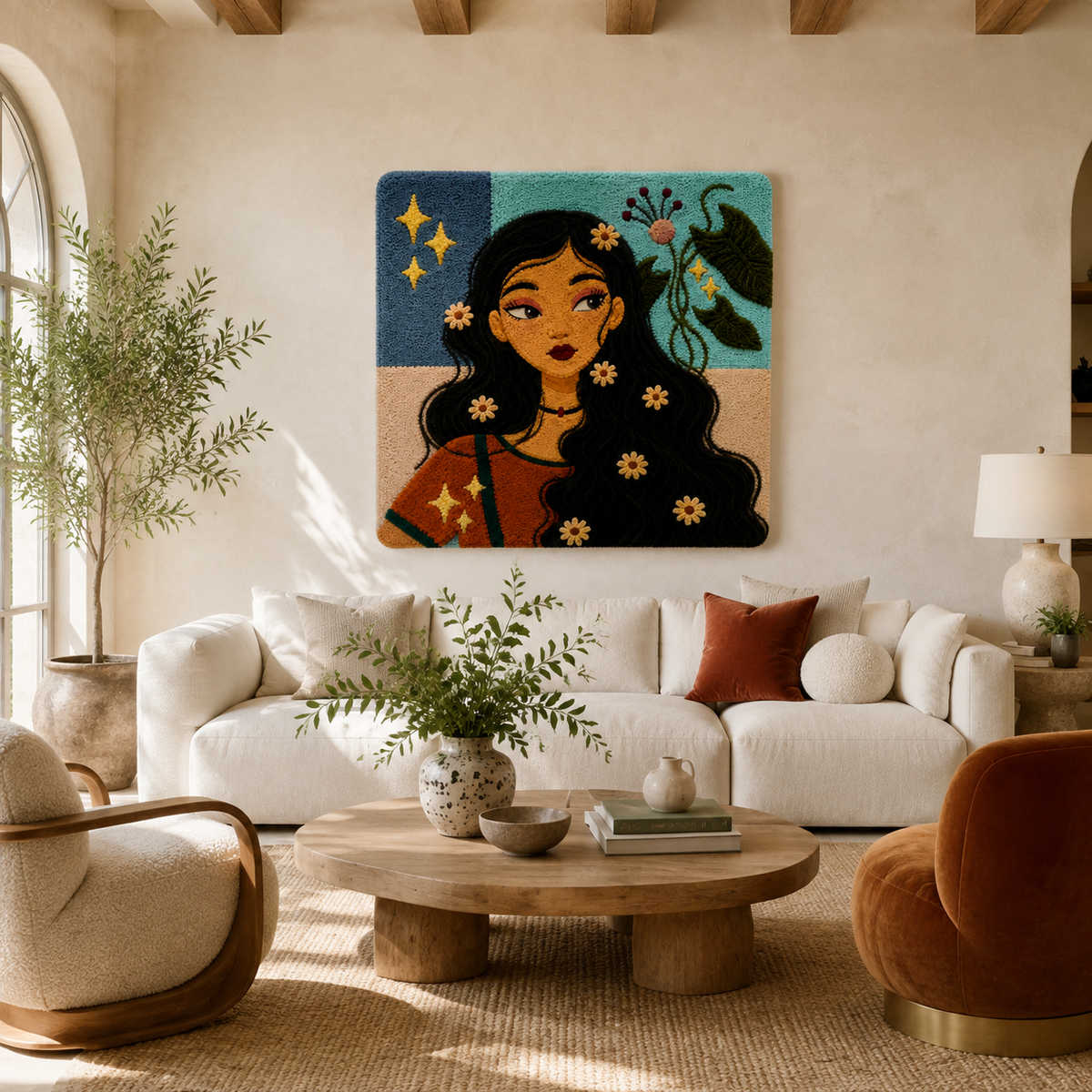 Hewn Earth Starlit Daisy Muse wall art featuring a celestial-inspired daisy design in vibrant colors on a dark background.