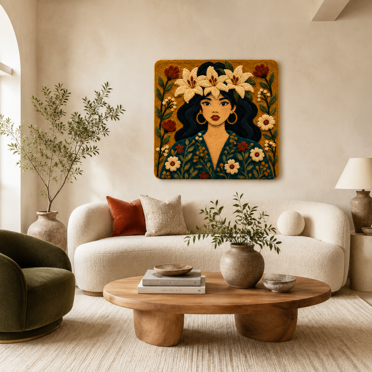Hewn Earth Lily Garland Nocturne wall art featuring a vibrant, floral design on a textured canvas for elegant home decor.