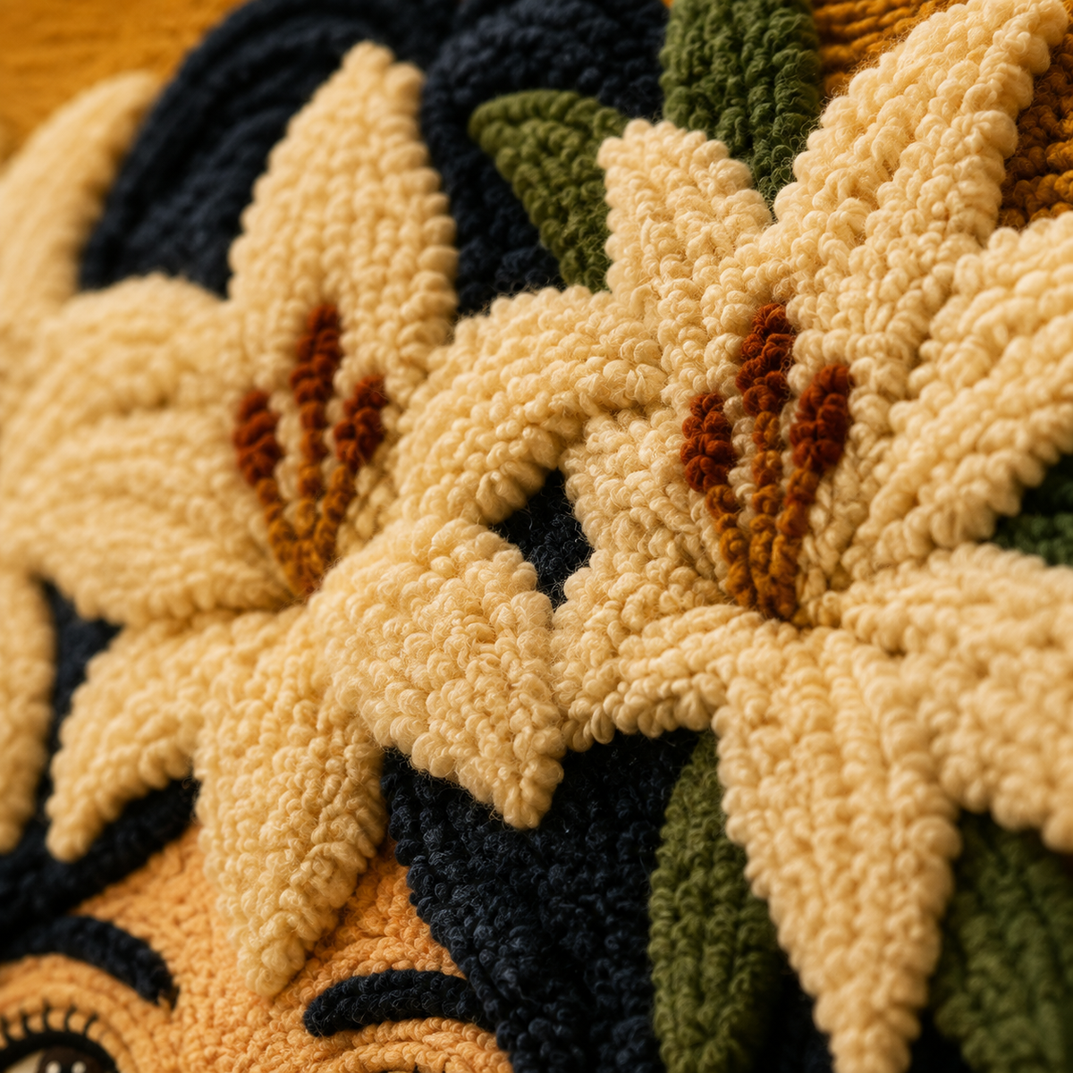 Close-up of the Lily Garland Nocturne wall art by Hewn Earth, showcasing detailed floral design on textured background.