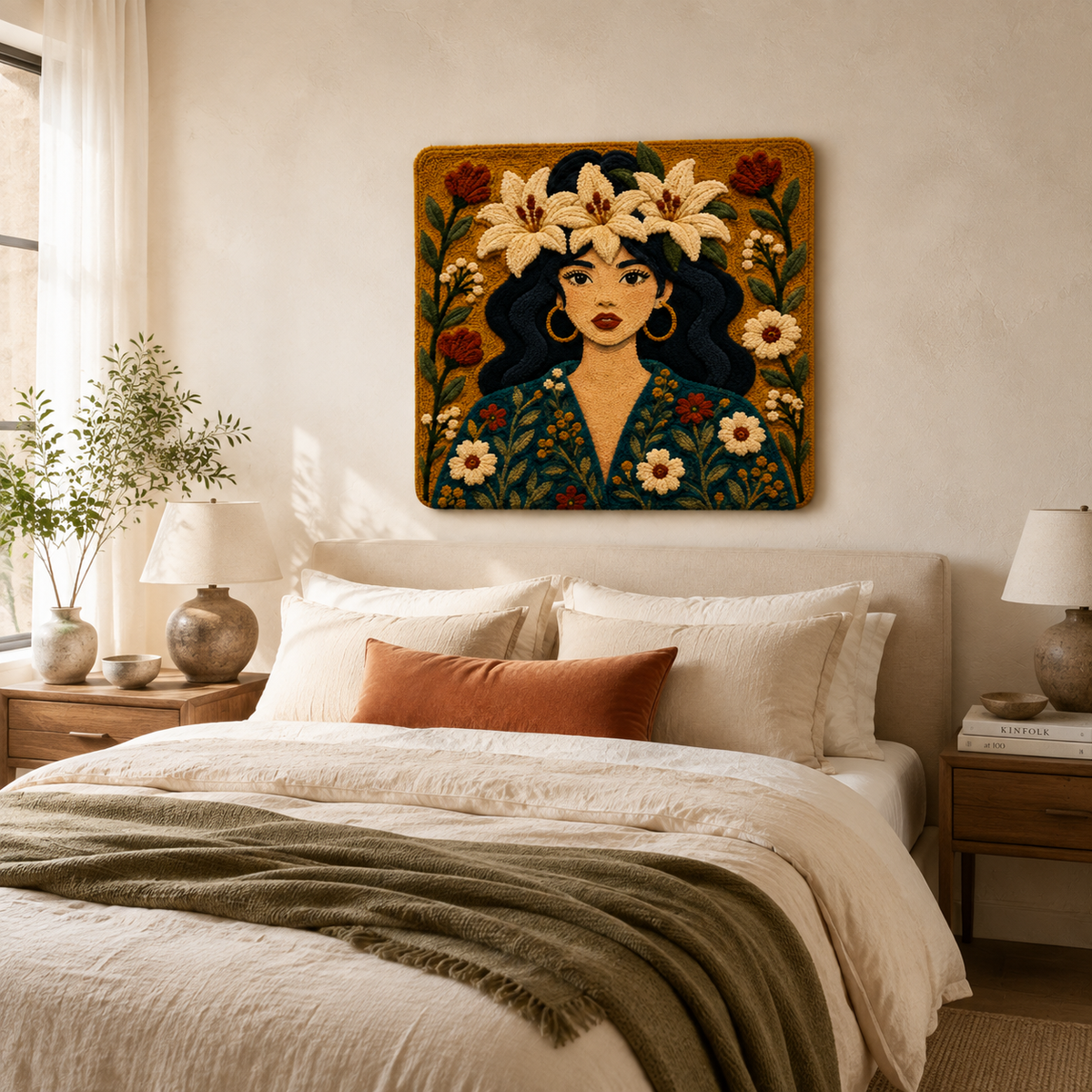 Hewn Earth Lily Garland Nocturne wall art featuring a dark, intricate floral design on a textured background.