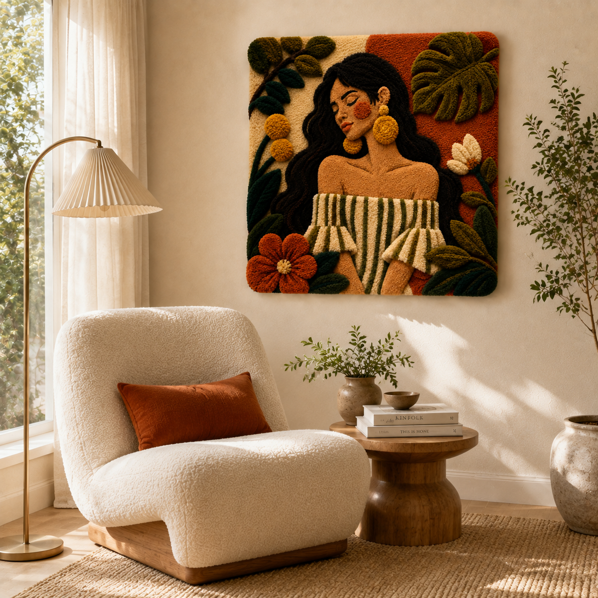 Hewn Earth Monstera Salon Muse wall art featuring a vibrant green Monstera leaf design on a neutral background.