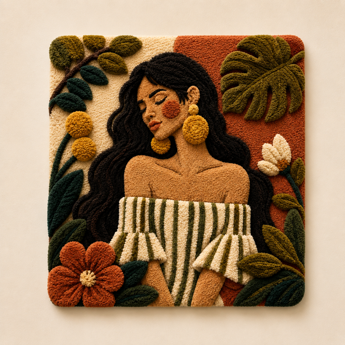 Hewn Earth Monstera Salon Muse wall art featuring a vibrant tropical monstera leaf design on a neutral background.