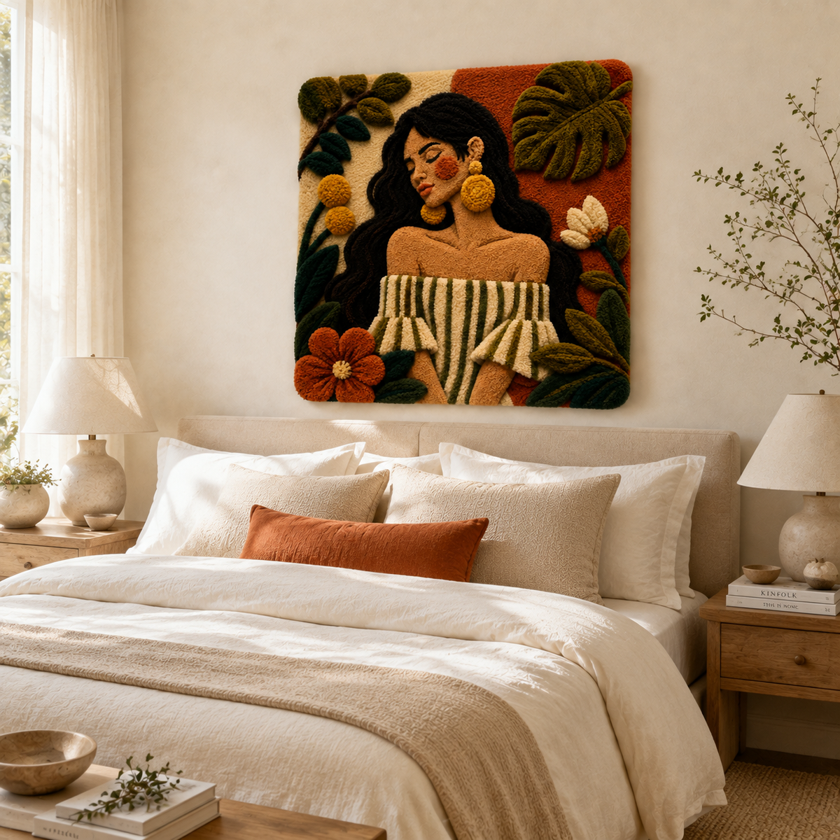 Hewn Earth Monstera Salon Muse wall art featuring a vibrant green monstera leaf illustration on a neutral background.