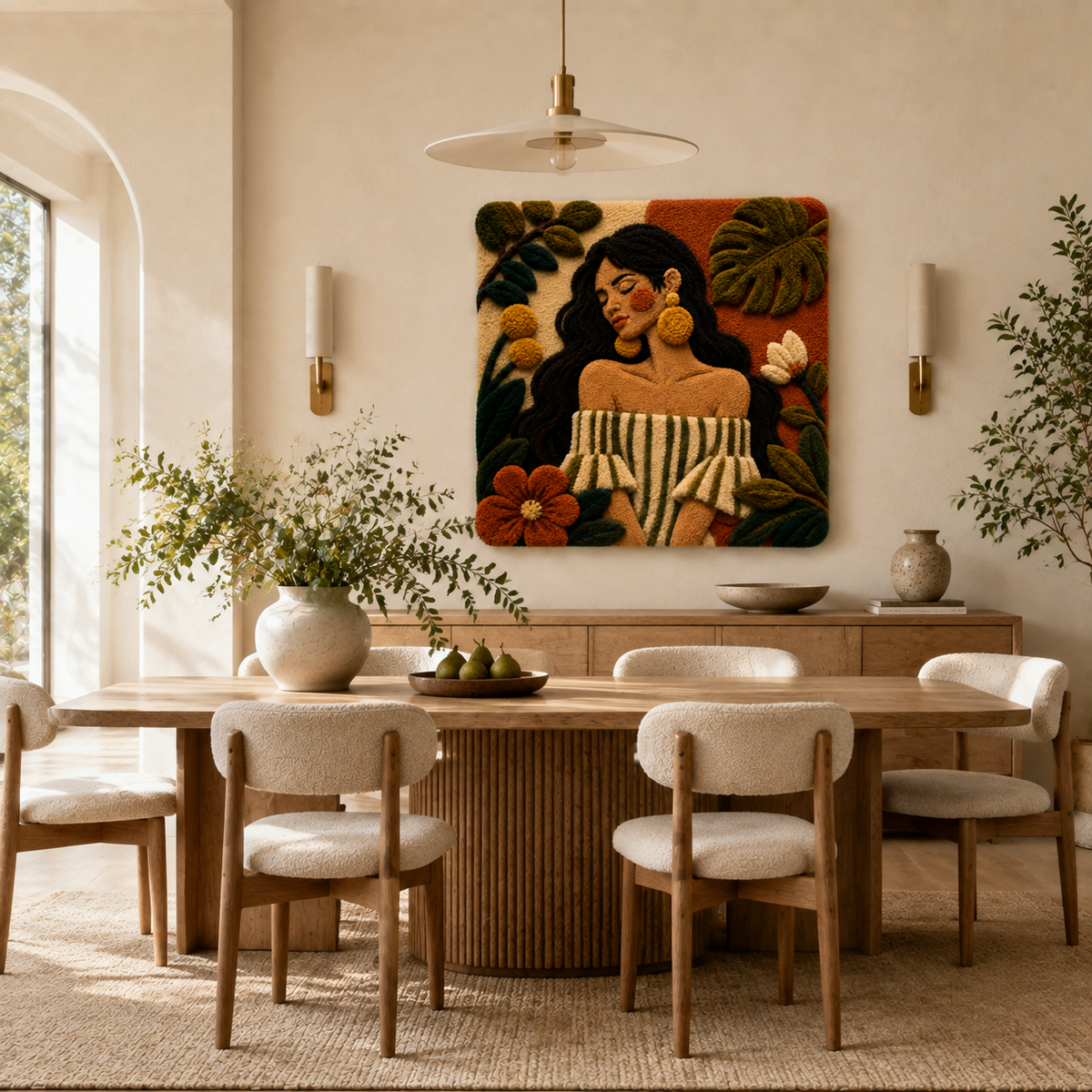 Hewn Earth Monstera Salon Muse wall art featuring a vibrant, tropical monstera leaf design on a textured background.