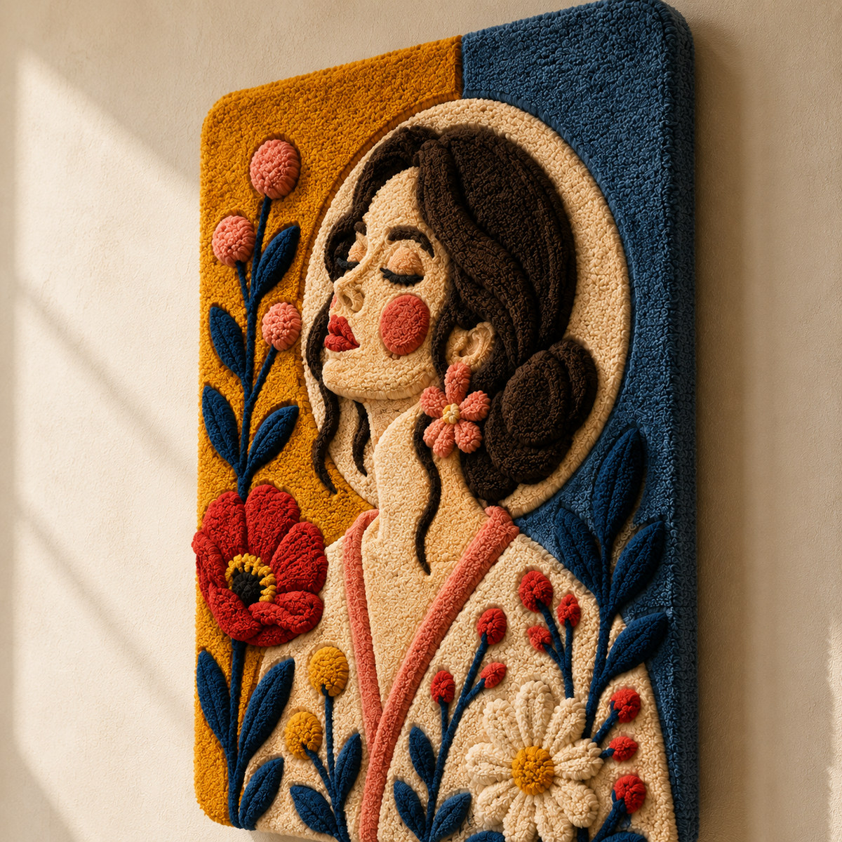 Cerulean Poppy Gaze wall art by Hewn Earth featuring vibrant blue and red floral design on canvas, modern botanical decor.