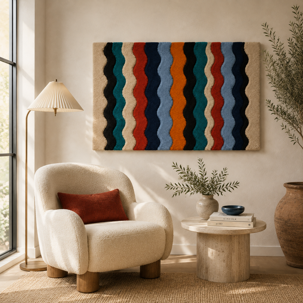 Hewn Earth Harbor Ribbon Field wall art featuring abstract ribbon design in vibrant colors for modern home decor.