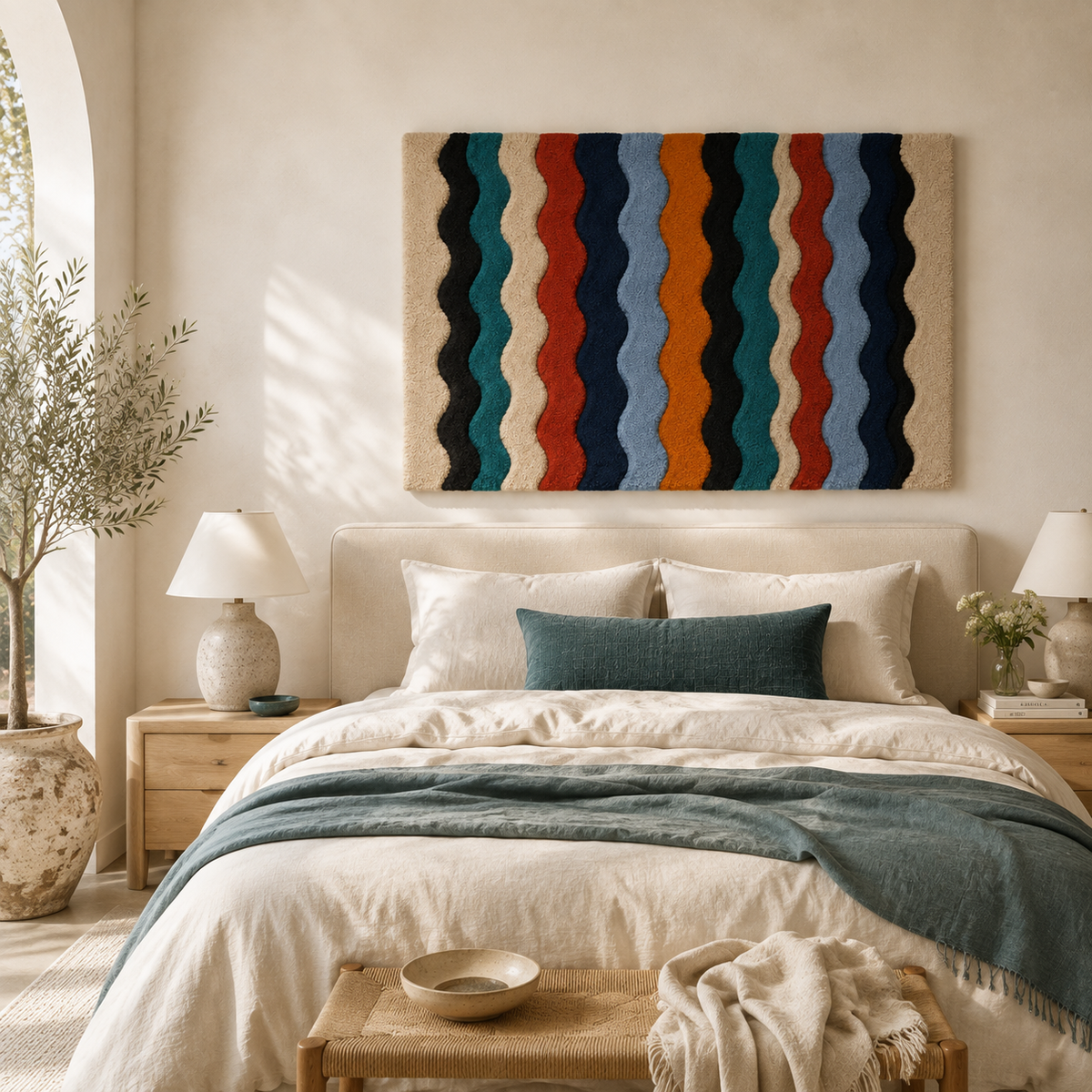 Hewn Earth Harbor Ribbon Field wall art featuring colorful abstract ribbon patterns on a neutral background.