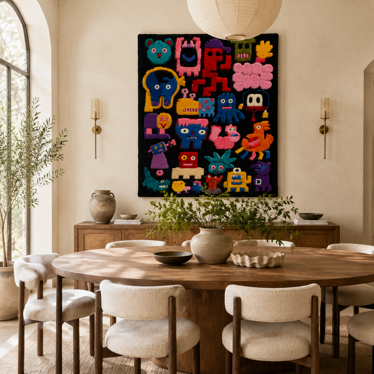 Colorful Midnight Creature Chorus wall art by Hewn Earth featuring whimsical animal illustrations on a dark background.