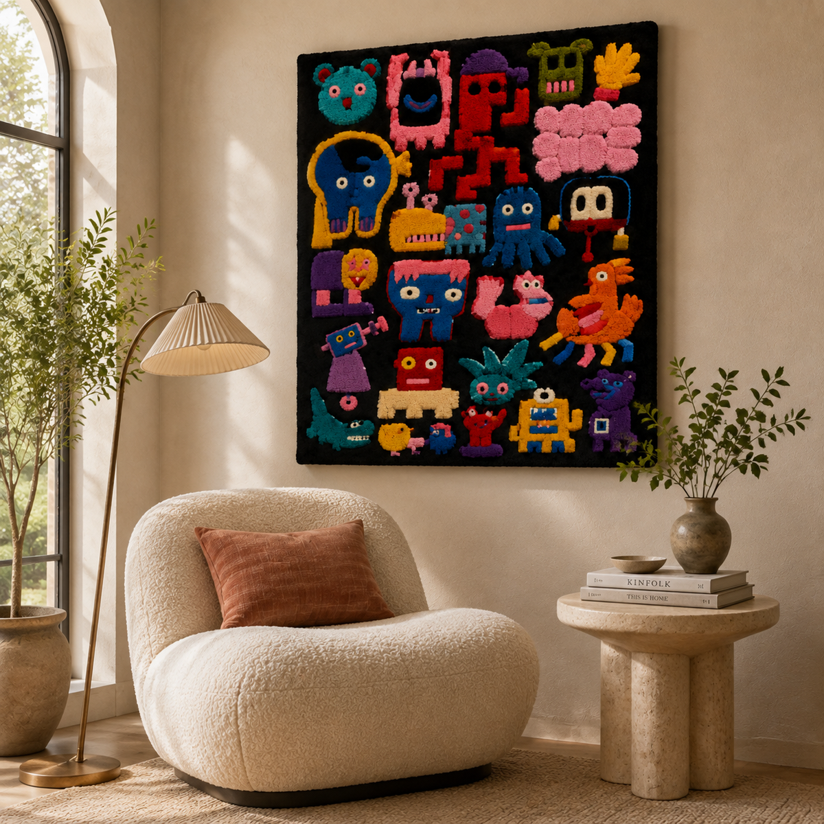 Colorful Midnight Creature Chorus Hewn Earth wall art featuring vibrant abstract animal designs on a dark background.