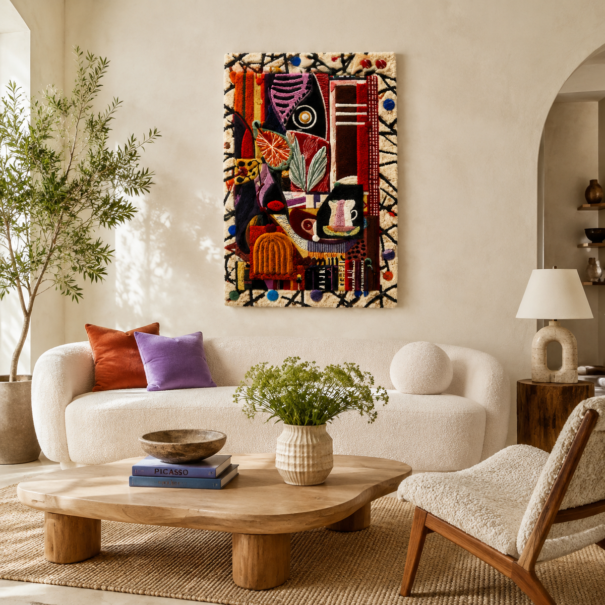 Hewn Earth Market Table tapestry wall art featuring a colorful market scene, ideal for bohemian or eclectic home decor.