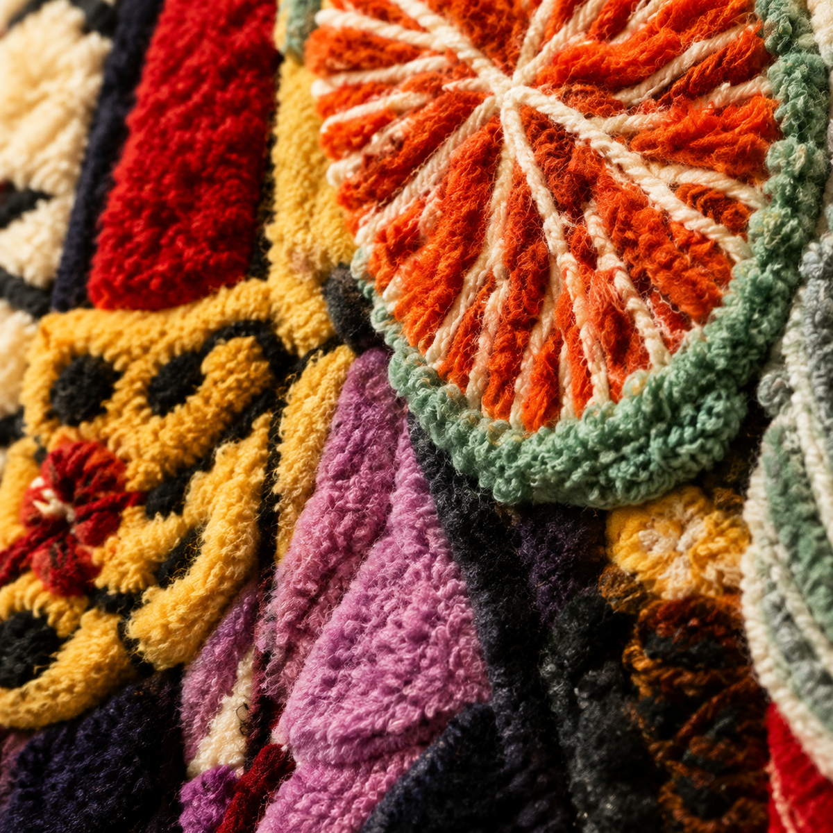 Close-up of Hewn Earth Market Table tapestry showing detailed woven wall art with vibrant, intricate patterns and textures.