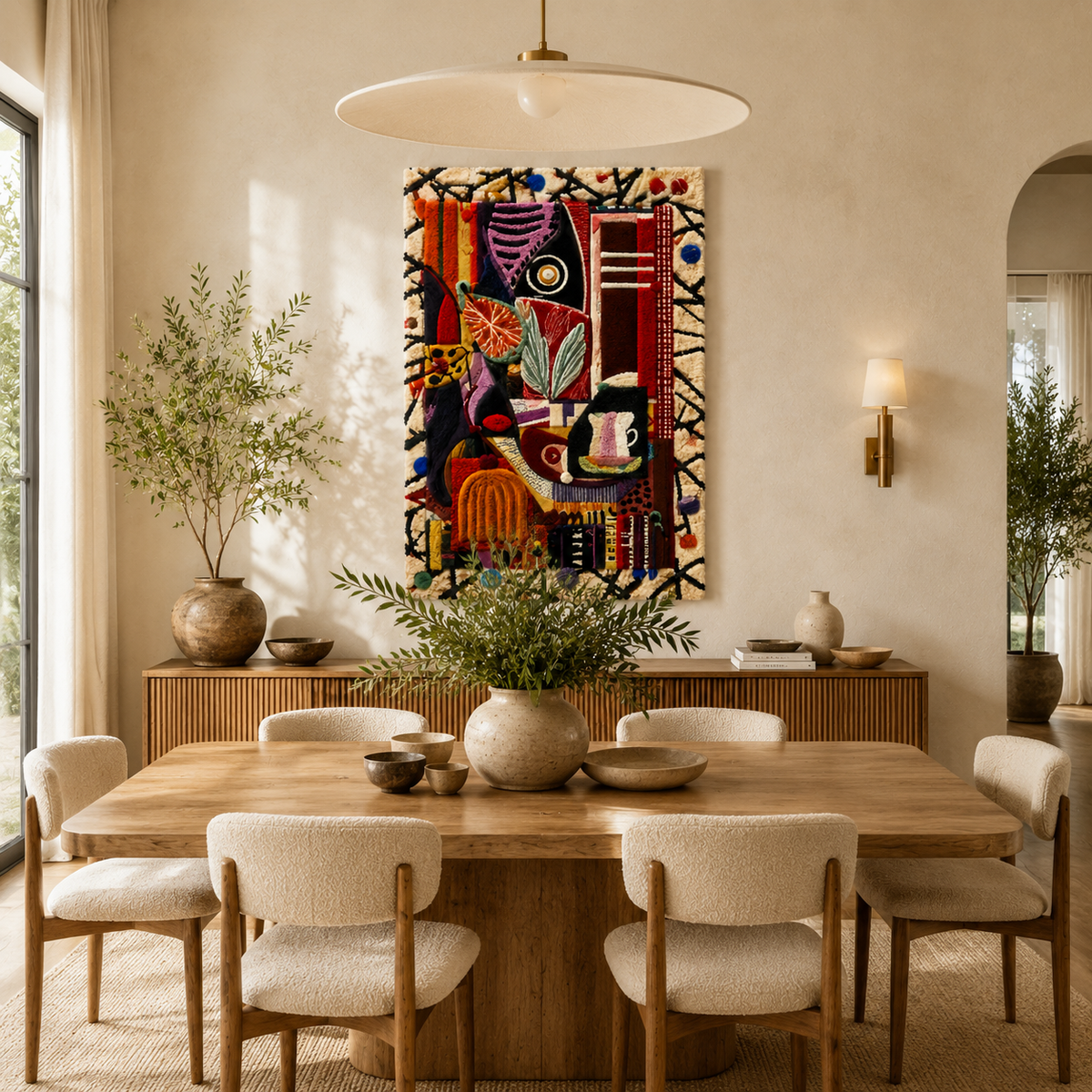 Hewn Earth Market Table tapestry wall art featuring colorful, detailed market scene with vibrant patterns and textures.