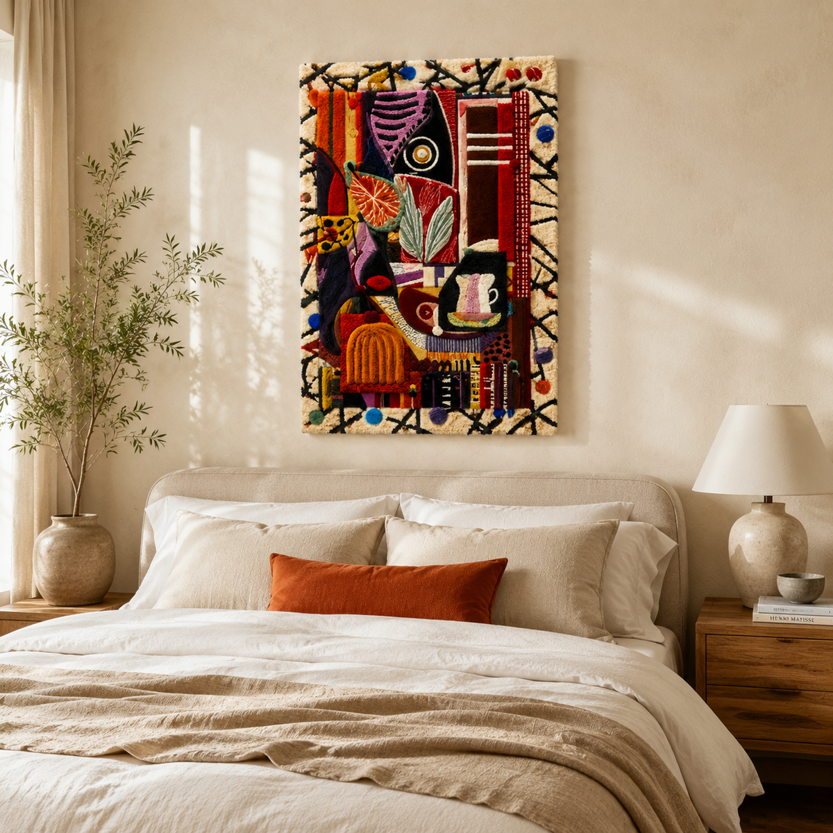 Hewn Earth Market Table tapestry wall art featuring colorful market scene, vibrant textile design, suitable for home decor.